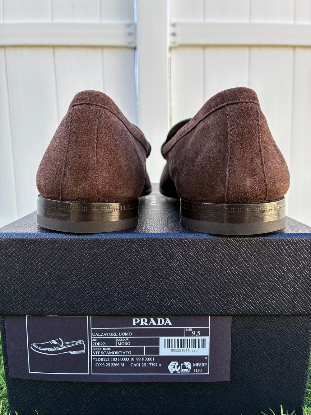 PRADA BROWN CALF SUEDE LOAFERS METAL TRIANGLE LOGO MEN’S SZ UK 9.5 / US 10.5 NEW - Picture 9 of 16